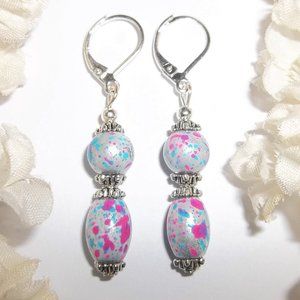 Blue & Pink Beaded Dangle Earrings Funky Unique Jewelry Gift Idea For Her 6767